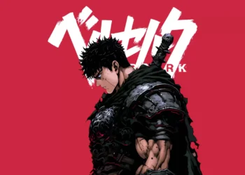 Guts from Berserk in black armor with scars on his face carrying the massive Dragon Slayer sword against a bold red background live wallpaper
