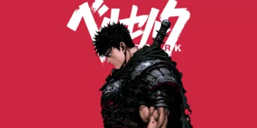 Guts from Berserk in black armor with scars on his face carrying the massive Dragon Slayer sword against a bold red background live wallpaper