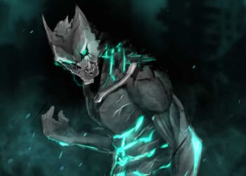 Kaiju No. 8 Kafka Hibino Transformation Live Wallpaper 2 Kafka Hibino transforming into Kaiju with glowing turquoise energy and cracked armor in dark smoky scene live wallpaper
