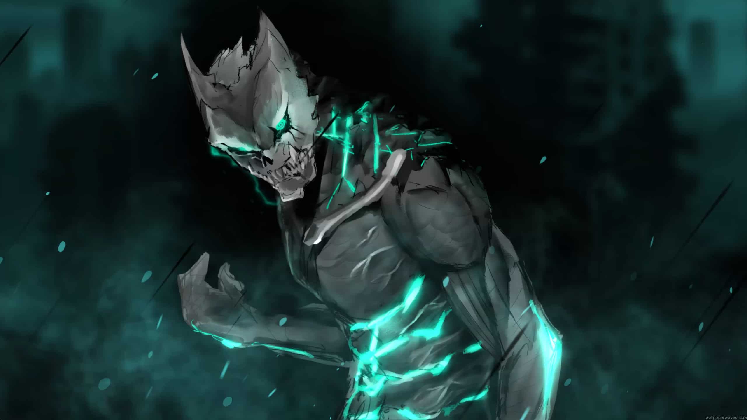 Kafka Hibino transforming into Kaiju with glowing turquoise energy and cracked armor in dark smoky scene live wallpaper
