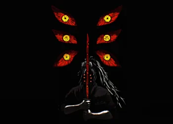 Kokushibo Upper Moon One holding sword in darkness with six glowing red eyes behind him in a demonic Demon Slayer live wallpaper