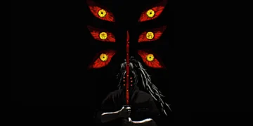Kokushibo Upper Moon One holding sword in darkness with six glowing red eyes behind him in a demonic Demon Slayer live wallpaper