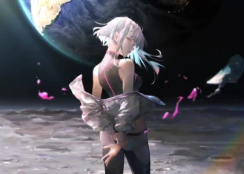 Lucy from Cyberpunk Edgerunners standing on the moon with glowing hair and Earth in the background in cinematic sci-fi live wallpaper