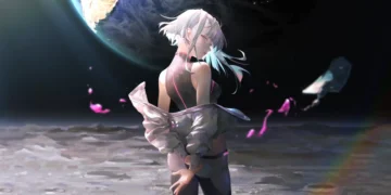 Lucy from Cyberpunk Edgerunners standing on the moon with glowing hair and Earth in the background in cinematic sci-fi live wallpaper
