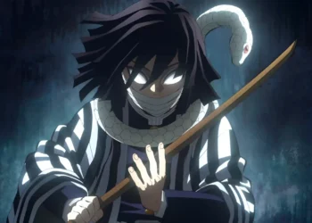 Obanai Iguro Serpent Hashira Live Wallpaper 1 Obanai Iguro with glowing eyes and white serpent coiled around him holding sword Demon Slayer live wallpaper
