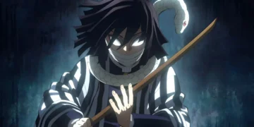 Obanai Iguro with glowing eyes and white serpent coiled around him holding sword Demon Slayer live wallpaper
