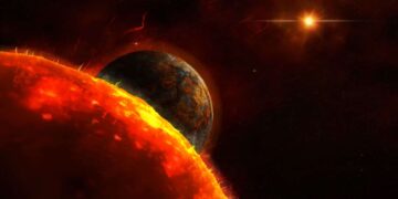 Burning planet colliding with another in fiery cosmic explosion surrounded by glowing red plasma live wallpaper