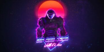 Neon Doom Slayer standing in front of glowing red sun with vaporwave retro lighting and purple aura live wallpaper