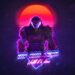 Neon Doom Slayer standing in front of glowing red sun with vaporwave retro lighting and purple aura live wallpaper