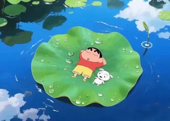 Shinchan and his dog Shiro relaxing on a water lily floating on calm blue pond with reflections of sky live wallpaper