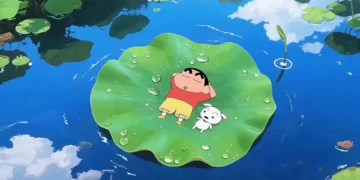 Shinchan and Shiro Relaxing on Water Lily Live Wallpaper 16 Shinchan and his dog Shiro relaxing on a water lily floating on calm blue pond with reflections of sky live wallpaper