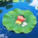 Shinchan and Shiro Relaxing on Water Lily Live Wallpaper 10 Shinchan and his dog Shiro relaxing on a water lily floating on calm blue pond with reflections of sky live wallpaper