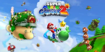 Mario riding Yoshi through colorful floating planets and bright blue sky from Super Mario Galaxy live wallpaper