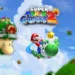 Mario riding Yoshi through colorful floating planets and bright blue sky from Super Mario Galaxy live wallpaper