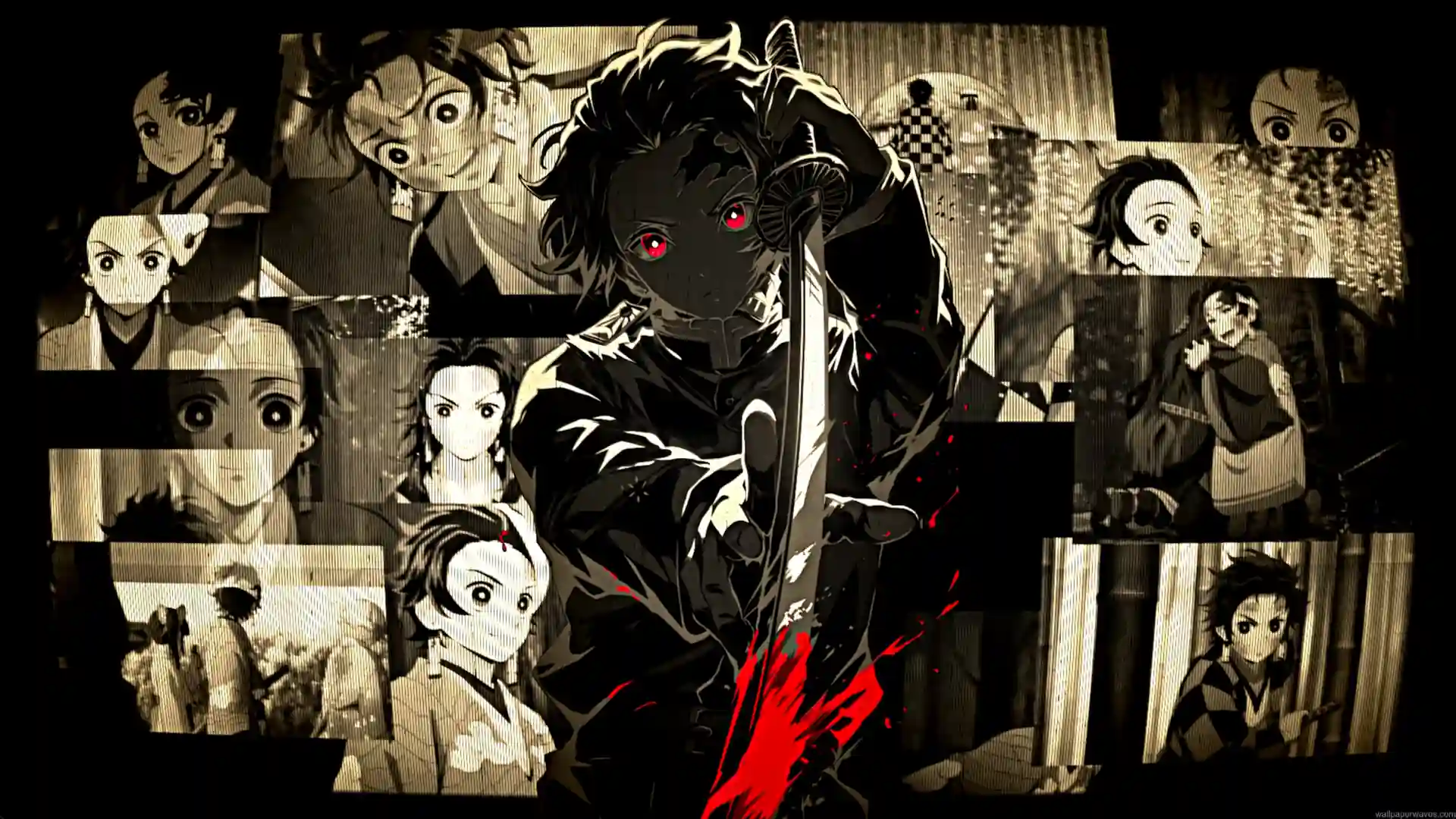 Tanjiro Kamado with glowing red eyes holding sword surrounded by sepia-toned flashback memories live wallpaper