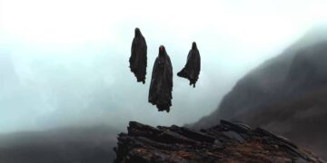 Three mysterious cloaked figures floating in dense fog above dark mountain cliffs live wallpaper