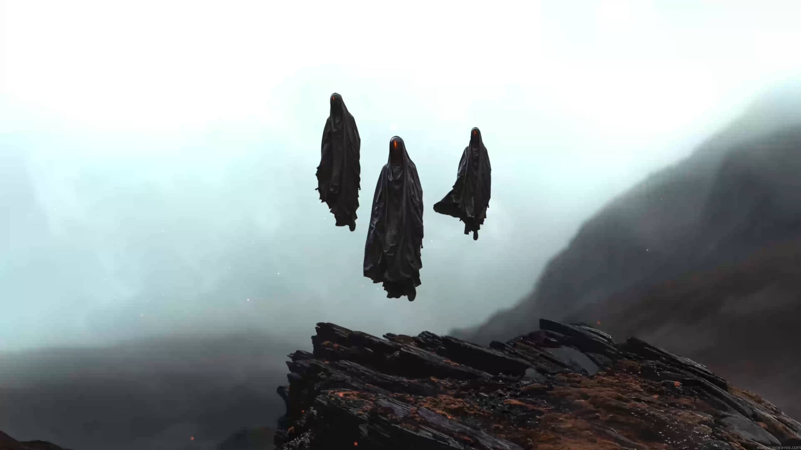 Three mysterious cloaked figures floating in dense fog above dark mountain cliffs live wallpaper