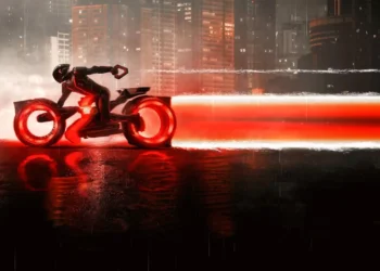 Futuristic motorcycle drifting in rain with glowing red light trail against neon city skyline in Tron Ares live wallpaper