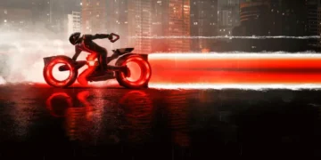 Futuristic motorcycle drifting in rain with glowing red light trail against neon city skyline in Tron Ares live wallpaper