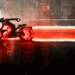 Futuristic motorcycle drifting in rain with glowing red light trail against neon city skyline in Tron Ares live wallpaper
