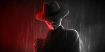Mysterious masked figure in fedora standing in red and black rain shadows live wallpaper