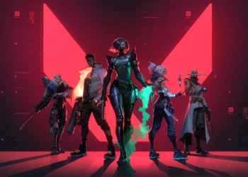 Valorant agents standing in formation with red glowing background and cinematic lighting in a futuristic gaming live wallpaper