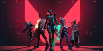 Valorant agents standing in formation with red glowing background and cinematic lighting in a futuristic gaming live wallpaper
