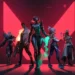 Valorant agents standing in formation with red glowing background and cinematic lighting in a futuristic gaming live wallpaper