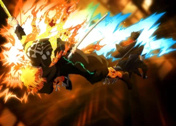 Zenitsu using 7th Form Flaming Thunder God attack with blazing lightning and flames surrounding him in Demon Slayer live wallpaper