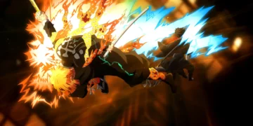 Zenitsu using 7th Form Flaming Thunder God attack with blazing lightning and flames surrounding him in Demon Slayer live wallpaper