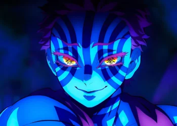 Close-up of an anime character with glowing blue stripes and bright golden eyes against a dark background in a dramatic supernatural scene live wallpaper.