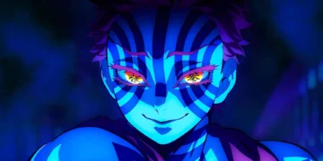 Close-up of an anime character with glowing blue stripes and bright golden eyes against a dark background in a dramatic supernatural scene live wallpaper.