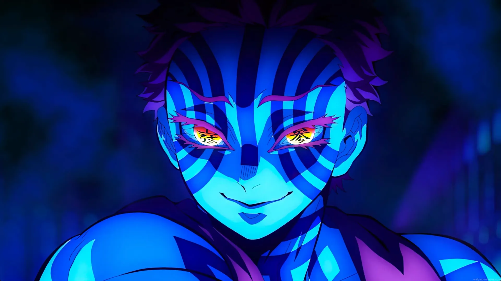 Close-up of an anime character with glowing blue stripes and bright golden eyes against a dark background in a dramatic supernatural scene live wallpaper.