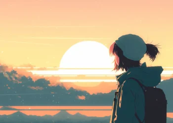 Anime girl wearing a beanie and backpack watching a glowing sunset over mountains with soft pastel clouds live wallpaper