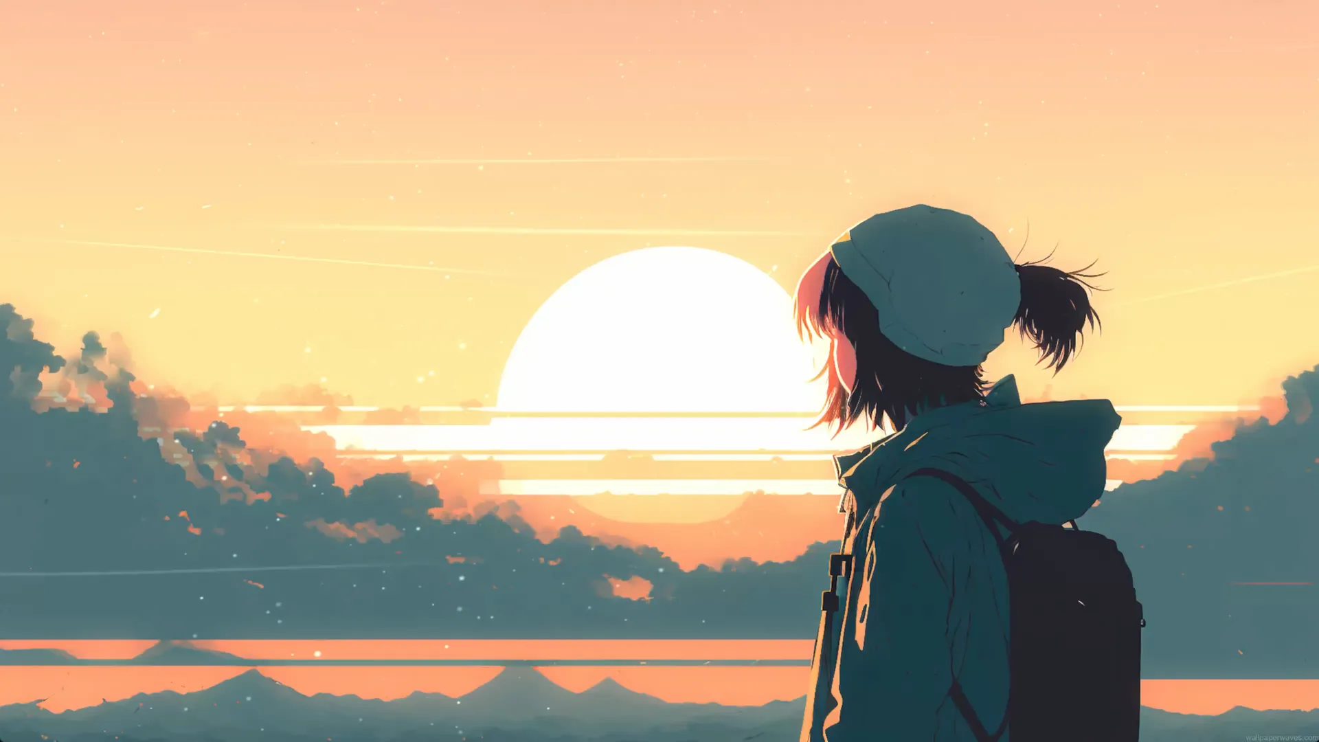 Anime girl wearing a beanie and backpack watching a glowing sunset over mountains with soft pastel clouds live wallpaper