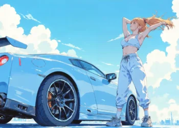Anime Girl With Nissan GTR R35 Live Wallpaper 1 Anime girl in athletic clothing stretching beside a white Nissan GTR R35 under a bright blue sky with clouds in a sunny outdoor scene live wallpaper.