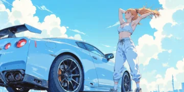 Anime girl in athletic clothing stretching beside a white Nissan GTR R35 under a bright blue sky with clouds in a sunny outdoor scene live wallpaper.