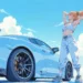 Anime Girl With Nissan GTR R35 Live Wallpaper 10 Anime girl in athletic clothing stretching beside a white Nissan GTR R35 under a bright blue sky with clouds in a sunny outdoor scene live wallpaper.