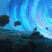 Two small adventurers standing on a rocky cliff overlooking a giant glowing blue astral vortex with floating rocks and cosmic light streams live wallpaper