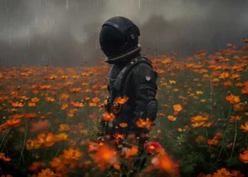 Astronaut in Rainy Flower Field Live Wallpaper 1 Astronaut standing in a rainy field of orange flowers under dark storm clouds live wallpaper