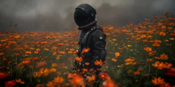 Astronaut in Rainy Flower Field Live Wallpaper 15 Astronaut standing in a rainy field of orange flowers under dark storm clouds live wallpaper