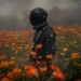 Astronaut standing in a rainy field of orange flowers under dark storm clouds live wallpaper