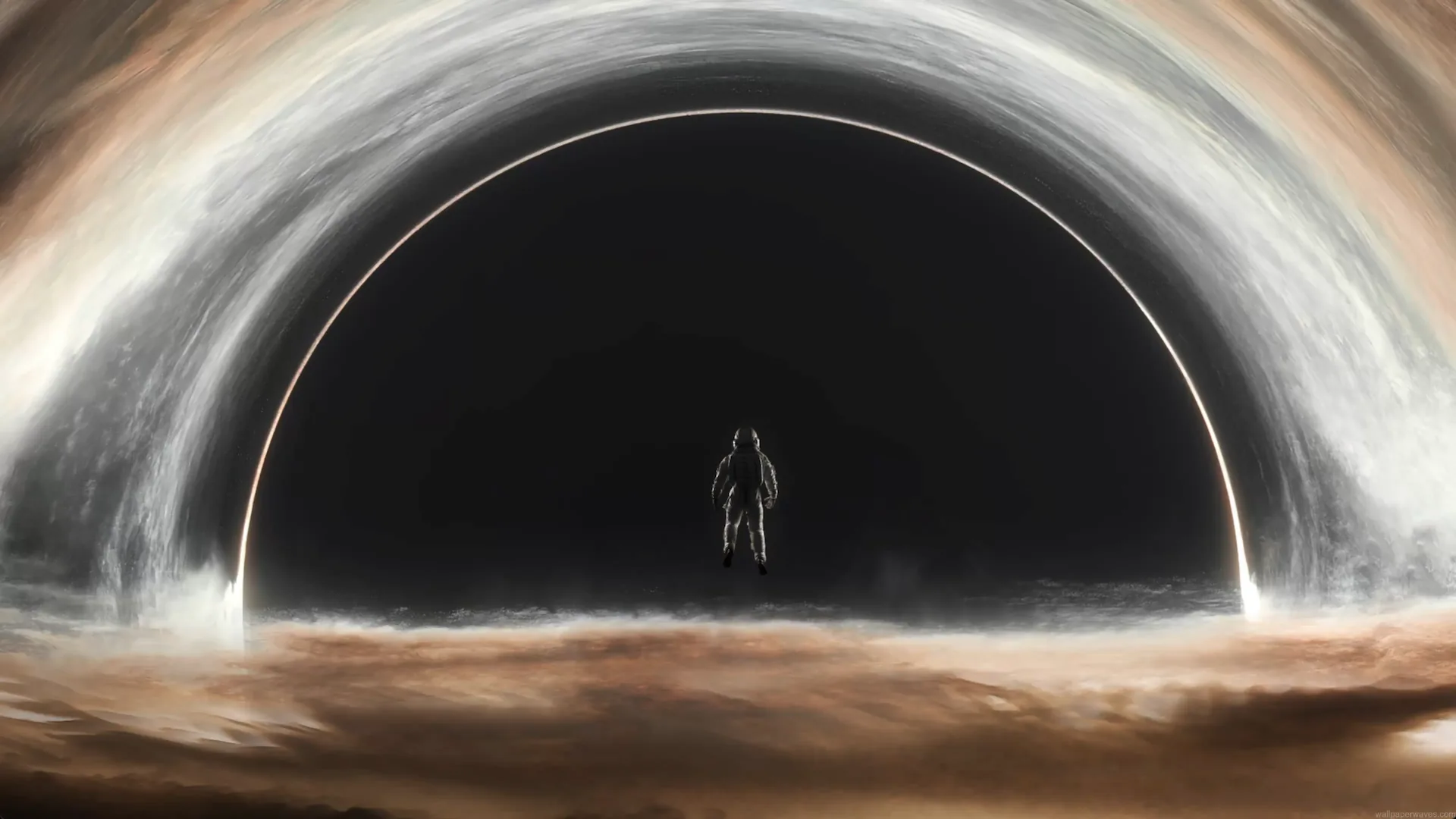 Astronaut floating alone near a massive glowing black hole event horizon with swirling light arcs and cosmic dust live wallpaper