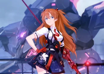 Fiery-haired Asuka Langley standing confidently in front of her glowing EVA mech, with flowing hair, detailed uniform, and cinematic sci-fi lighting in an anime mech battlefield scene live wallpaper