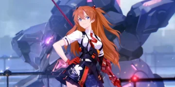 Fiery-haired Asuka Langley standing confidently in front of her glowing EVA mech, with flowing hair, detailed uniform, and cinematic sci-fi lighting in an anime mech battlefield scene live wallpaper
