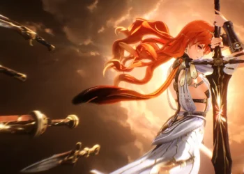 Anime warrior Augusta holding a glowing sword with flowing red hair as golden blades fly through the sky against a bright sunlit cloud backdrop in a cinematic fantasy live wallpaper.