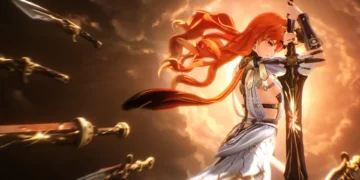 Anime warrior Augusta holding a glowing sword with flowing red hair as golden blades fly through the sky against a bright sunlit cloud backdrop in a cinematic fantasy live wallpaper.