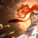 Augusta Wuthering Waves Celestial Power Live Wallpaper 10 Anime warrior Augusta holding a glowing sword with flowing red hair as golden blades fly through the sky against a bright sunlit cloud backdrop in a cinematic fantasy live wallpaper.