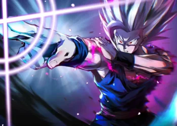 Beast Gohan charging forward with glowing white hair, intense red eyes, purple energy crackling around his arm, and a bright crosshair light effect bursting across the scene live wallpaper