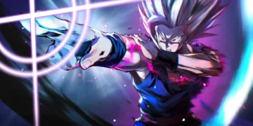 Beast Gohan charging forward with glowing white hair, intense red eyes, purple energy crackling around his arm, and a bright crosshair light effect bursting across the scene live wallpaper